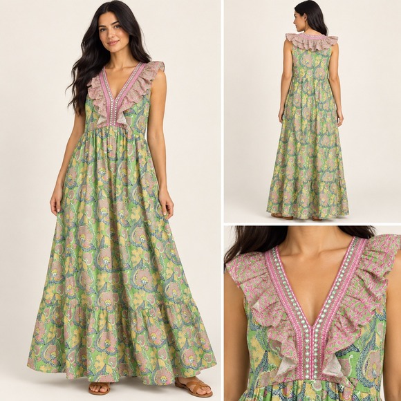 bella tu Dresses & Skirts - Bella Tu S Cotton Green Pink Floral Ruffle V-Neck Tiered Maxi Boho Dress Resort